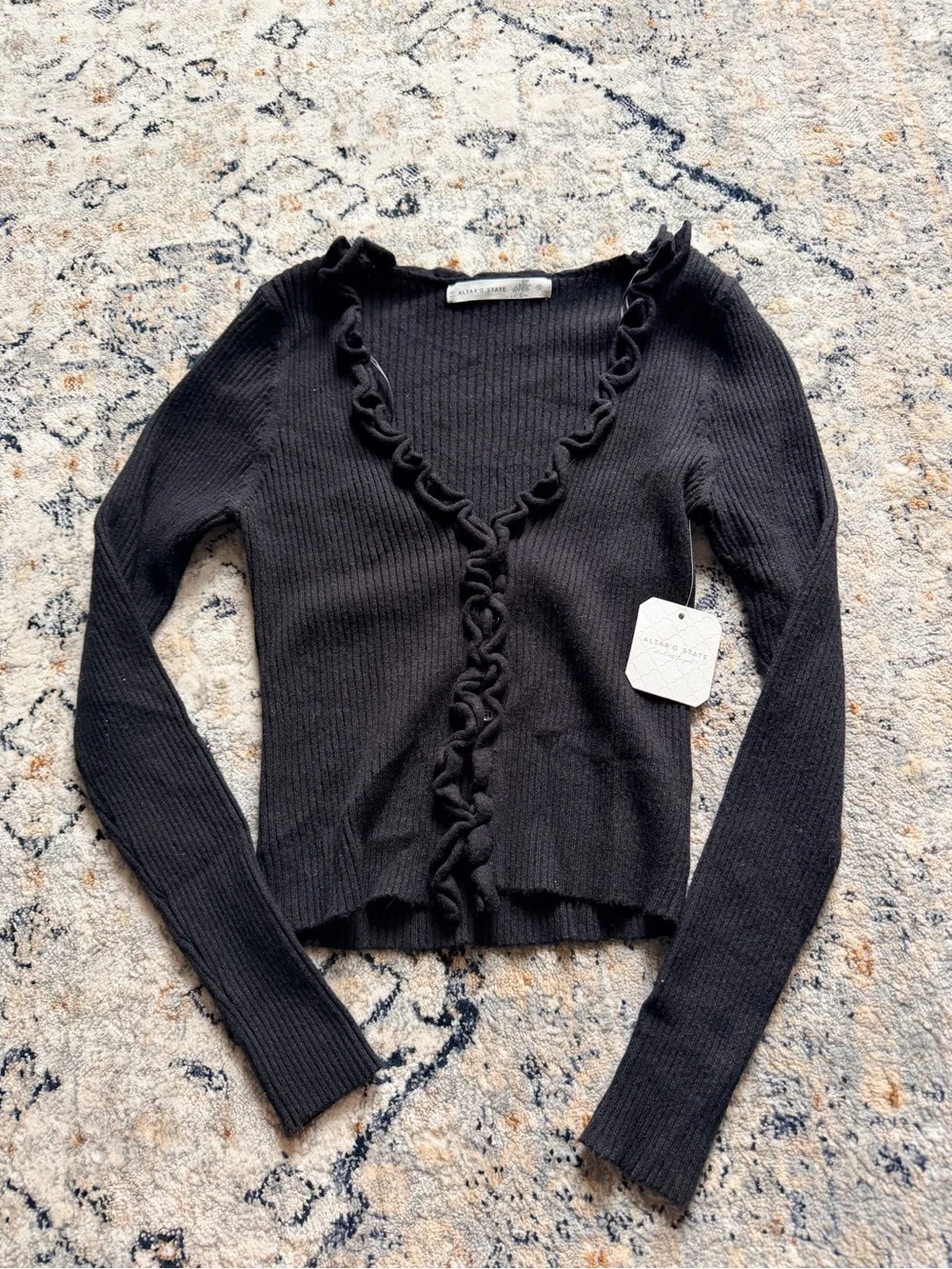 Altar'd State Black Ribbed Cardigan with Ruffled Trim - Picture 1 of 7